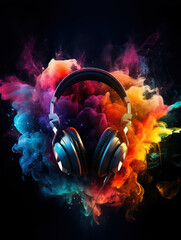 gaming headset with colorfull explosion on DARK background