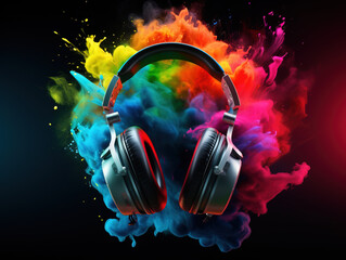 gaming headset with colorfull explosion on DARK background