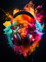 gaming headset with colorfull explosion on DARK background