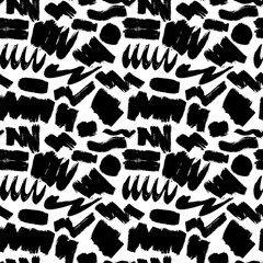 Wavy and swirled brush strokes vector seamless pattern. Black paint freehand scribbles, abstract ink background. Brushstrokes, smears, lines, squiggle pattern. Abstract wallpaper design, textile print