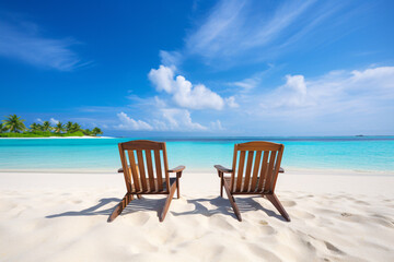 Fototapeta na wymiar two wooden chairs in a tropical beach environment - generative AI
