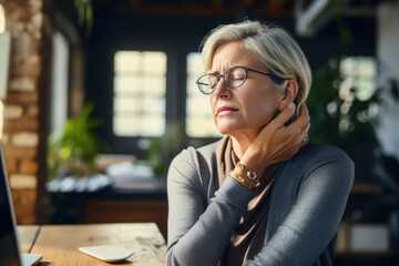 Senior overworked woman suffering from neck pain at the office