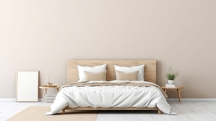 Modern beige bedroom with empty whate wall for mockups. Wooden double bed with pillows, cozy furniture. Room interior with copyspace. - obrazy, fototapety, plakaty