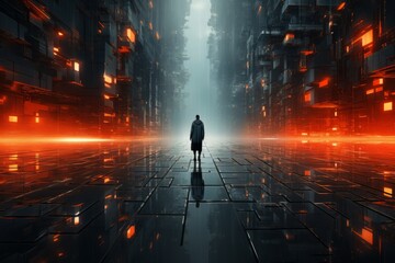 Hooded man walking in futuristic city (3D Rendering) - obrazy, fototapety, plakaty