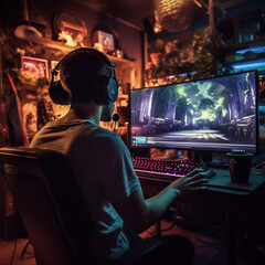 Obraz premium Professional Gamer Playing First-Person Shooter Online Video Game on His Powerful Personal Computer with Colorful Neon Led Lights. Living Room Lit with Lamps. Evening.