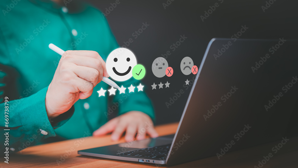 Poster customer use laptop with virtual screen on happy smile face icon for assessment feedback review sati