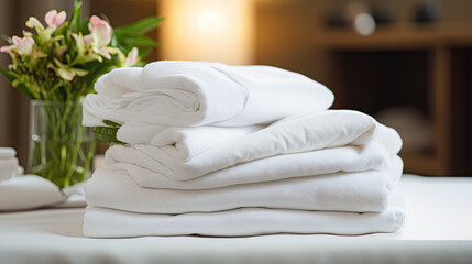 Tidy stacks of white linens including bed sheets towels and other necessary items in hospitalityTidy 