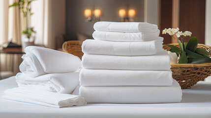 Tidy stacks of white linens including bed sheets towels and other necessary items in hospitalityTidy 