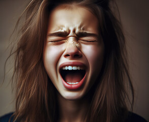 close portrait of a teenager screaming and pulling a tantrum