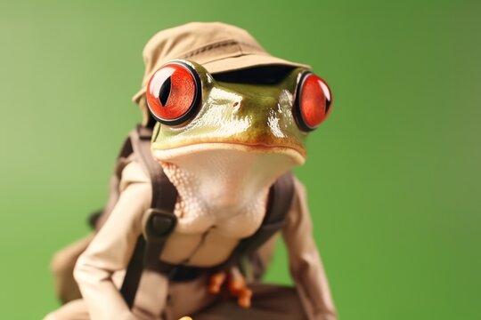 happy old red-eyed tree frog wearing hat