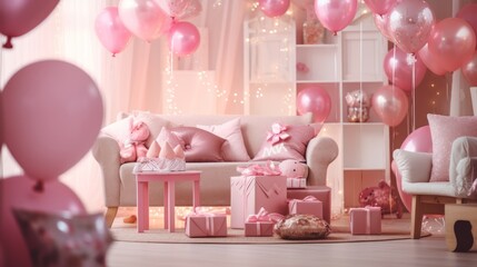 Beautiful baby room decorated with pink balloons and gifts. Interior design