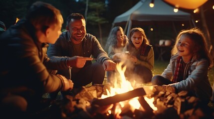Group of happy friends roasting marshmallows over campfire at night