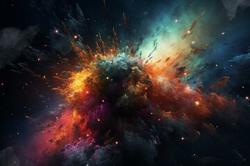 Abstract space nebula with surreal explosion, colorful stars, and asteroids. Generative AI