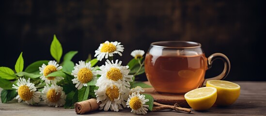 Floral tea with daisy and ginger on stone background