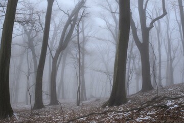 foggy winter woods. Generative AI