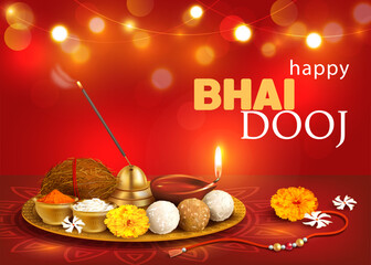 Greeting card with puja thali (tray) and traditional sweets (laddu) for Bhai Dooj (Yama Dwitiya, Bhai Tika) – Indian festival of brothers and sisters (Diwali season). Vector.