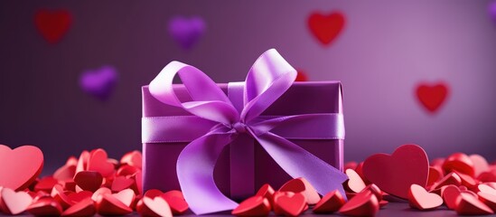 Purple paper with red hearts ribbon and bow for Valentine gift