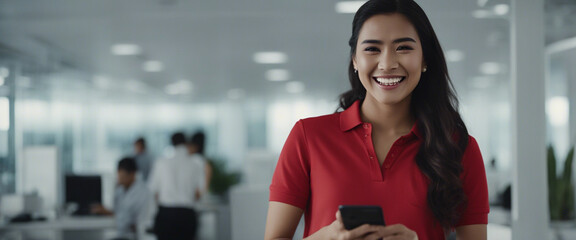 A young mexican community manager wearing a red polo shirt in a well illuminated white office, laugh - obrazy, fototapety, plakaty