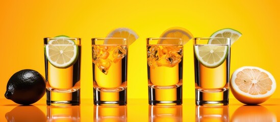 Various tequila shots with citrus fruits and different colors