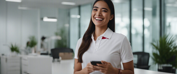 A young mexican community manager wearing a red polo shirt in a well illuminated white office, laugh
