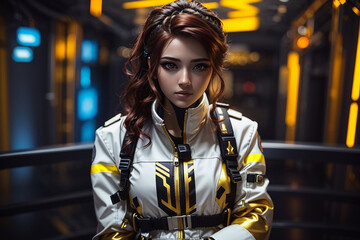 cyberpunk girl future tech white gold