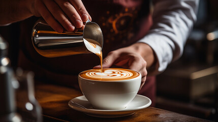Fototapeta na wymiar A cheerful barista in a coffee shop, skillfully crafting a latte art design on a freshly brewed cappuccino
