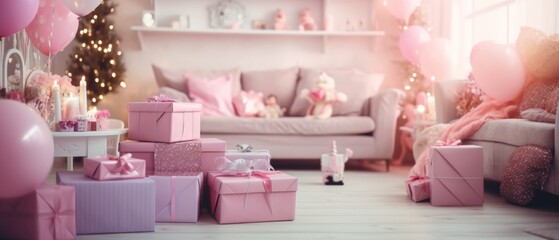 Pink gift boxes on wooden floor in decorated living room with Christmas tree