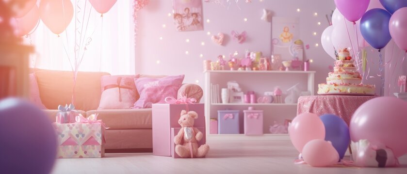 Pink Birthday Cake With Presents And Teddy Bear In Children's Room