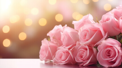 Romantic bouquet of pink roses on bokeh background, Valentine Day, Anniversary, Wedding, Copy space for text. Generative AI