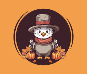 Happy Thanksgiving Day Vector Illustration with Turkey Bird, Pumpkin, Leaves 