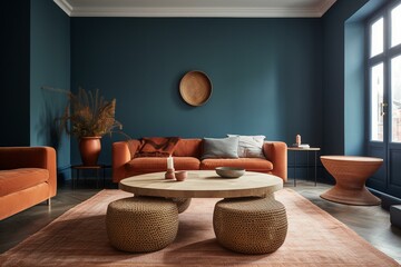 Blue living room with terracotta tables. Generative AI