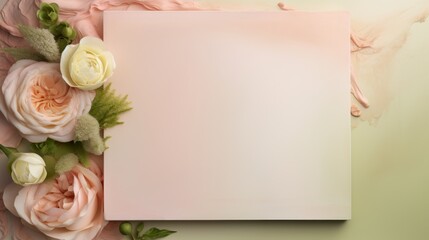 Blank paper and flowers on pastel color background with copy space