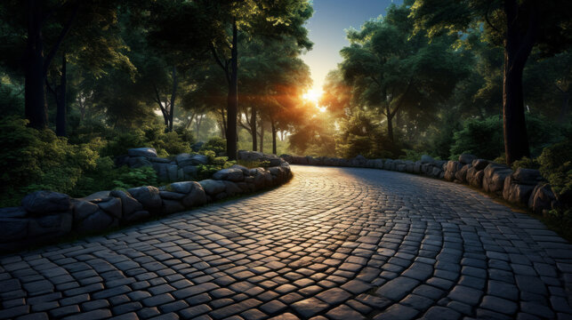 A winding, cobblestone path winds its way through a thick, lush forest The sky is a deep, brilliant blue, and the sun is setting in the distance