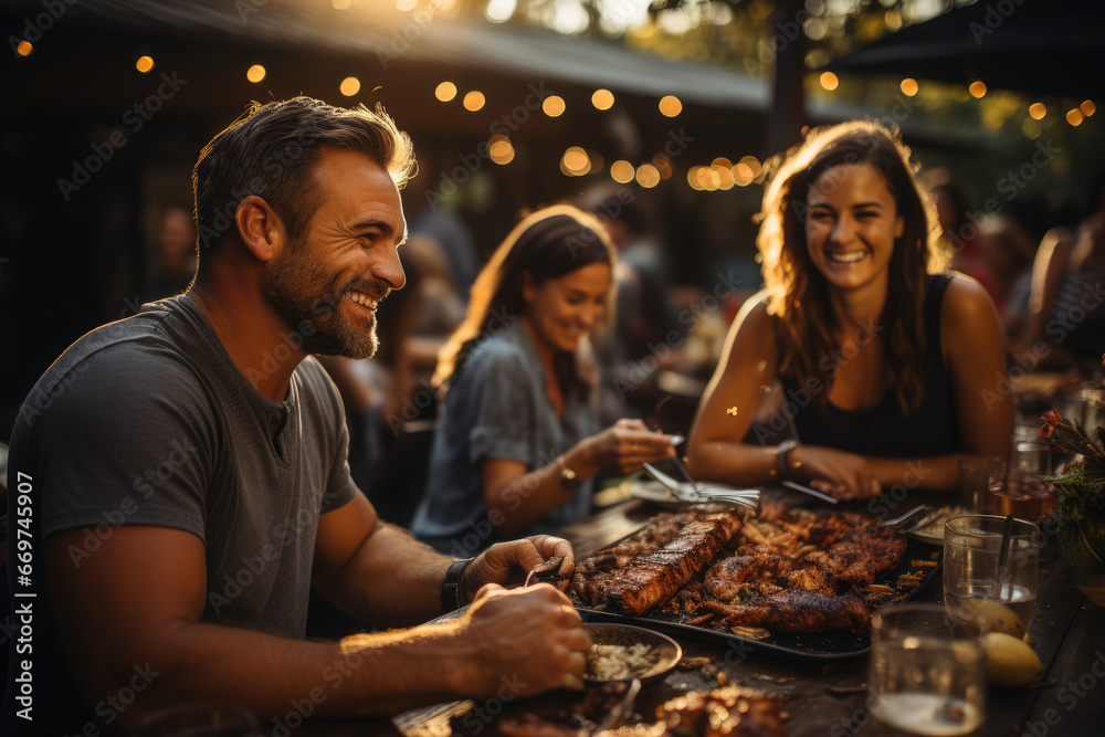 Wall mural A group of friends in Australia having a barbeque on Christmas Day, embracing the warm weather and outdoor festivities. Generative Ai.