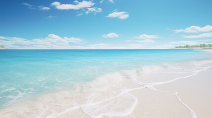 Obraz premium A wide beach, with white sand extending out to a clear ocean, sparkling in the sun