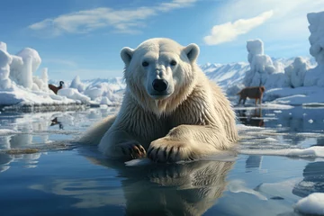  A polar bear stranded on a rapidly melting ice floe, illustrating the urgent issue of disappearing Arctic ice. Concept of climate change and endangered species. Generative Ai. © Sebastian