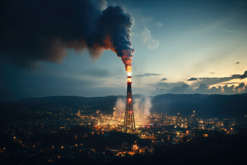 An industrial smokestack emitting thick plumes of dark smoke into the atmosphere, highlighting the impact of fossil fuel emissions on air quality and the climate. Generative Ai. - obrazy, fototapety, plakaty