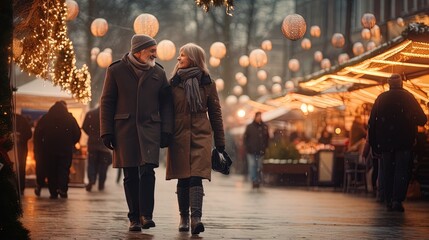 Join this heartwarming senior couple as they stand together at the Christmas market. Experience the magic in photo-realistic landscapes, with soft and romantic scenes that capture the holiday spirit.