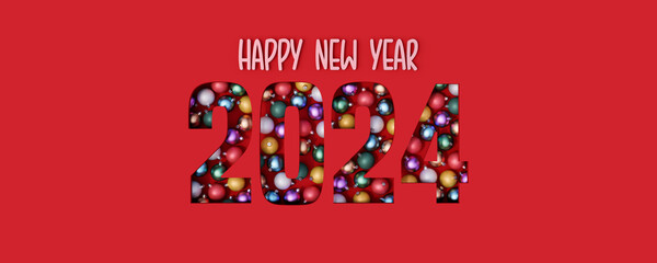 Happy New Year 2024 text cut on red background and filled with colorful Christmas balls 3d render 3d illustration