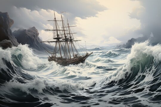 epic beautiful oil painting of a water-level view of turbulent swells of a violent ocean storm,