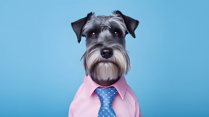 Abstract portrait of a animal dressed up as a man in elegant pink shirt. A human size dog in shirt on blue background. Schnauzer.