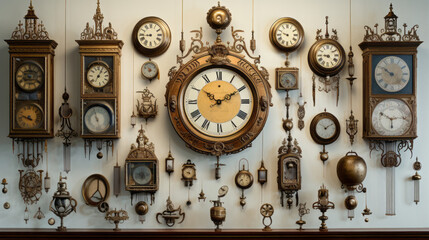 A white wall adorned with a collection of antique clocks - obrazy, fototapety, plakaty