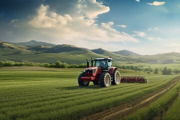 The tractor is driving through a green field, cultivating the land against the background of the sky and the landscape with mountains. Agricultural machinery in the field. Farmer's land. - Powered by Adobe