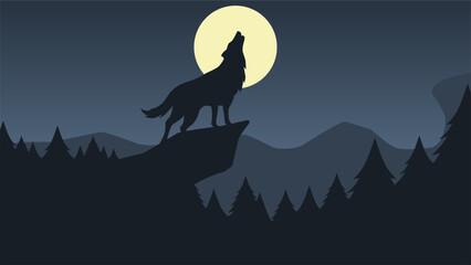 Wildlife wolf in the night landscape vector illustration. Silhouette of wolf howling at night full moon. Wildlife landscape for background, wallpaper or landing page