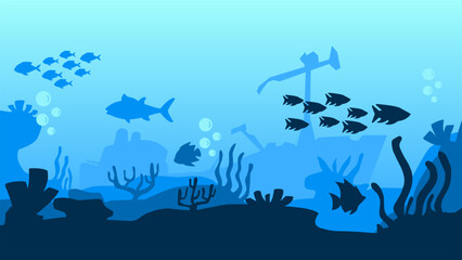 Fototapeta na wymiar Underwater landscape vector illustration. Bottom sea landscape with fish, coral reef and shipwreck. Sea world silhouette for background, wallpaper or landing page. Deep sea landscape vector background