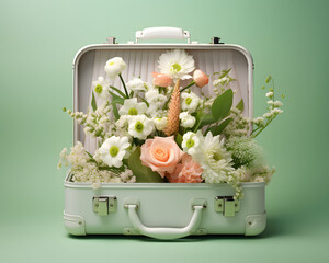 Suitcase with various spring flowers. Pastel green background. Mother's day card. Modern aesthetic.
