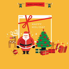 christmas card with santa claus and tree. 
christmas window shop front window display greetings design template vector, illustration