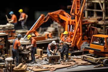 Explore a hyperreal world as toy workers craft in a matte background. Dark yellow and light brown hues create a landscape-focused scene with a touch of whimsy. A perfect commission for collectors.