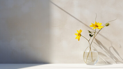 A white, textured wall, with a subtle pattern of swirls and lines, and a single, yellow flower in a glass vase - obrazy, fototapety, plakaty