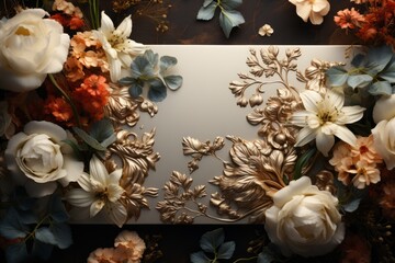 Beautiful white and gold 3d flowers on white marble